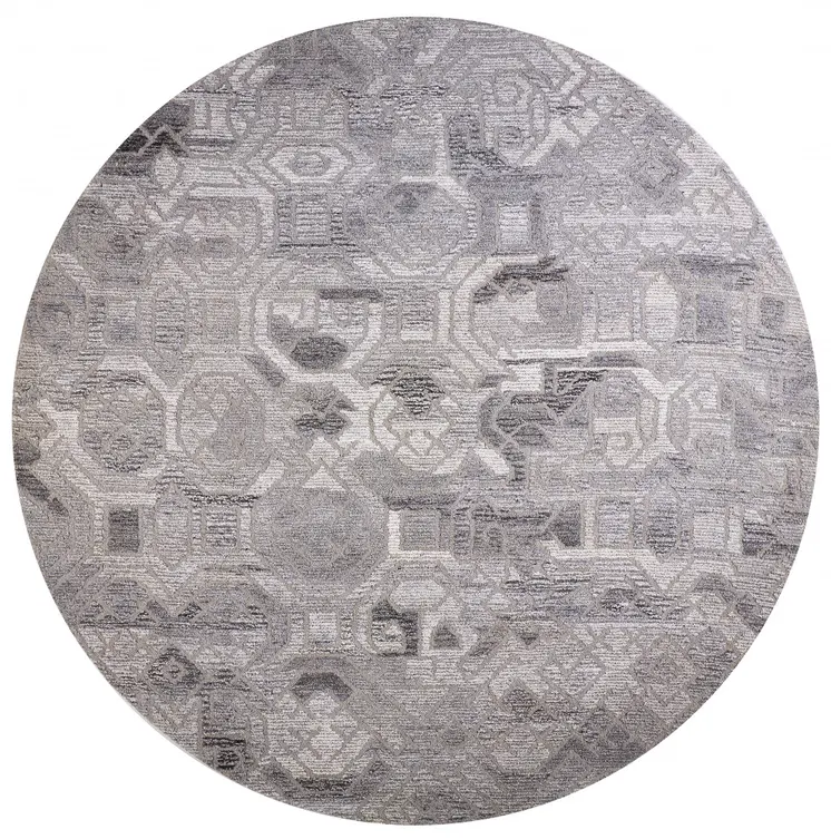 8' Gray and Ivory Round Wool Abstract Hand Tufted Area Rug