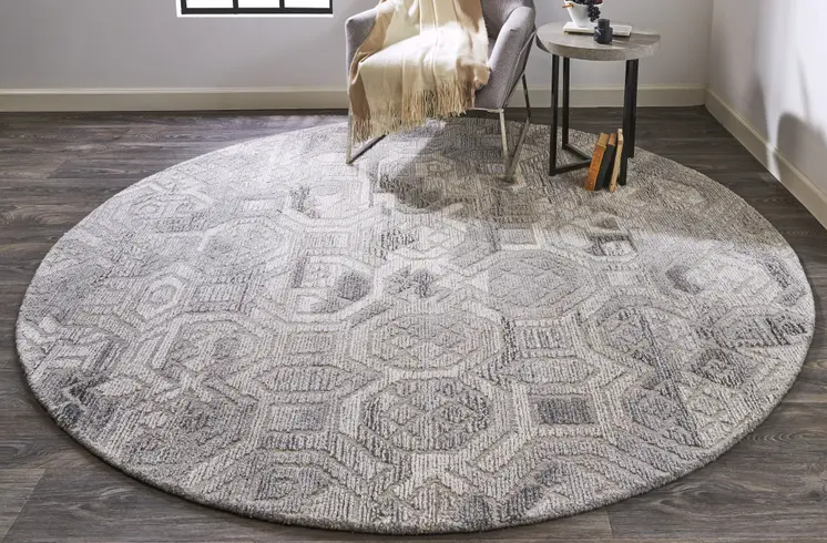 8' Gray and Ivory Round Wool Abstract Hand Tufted Area Rug