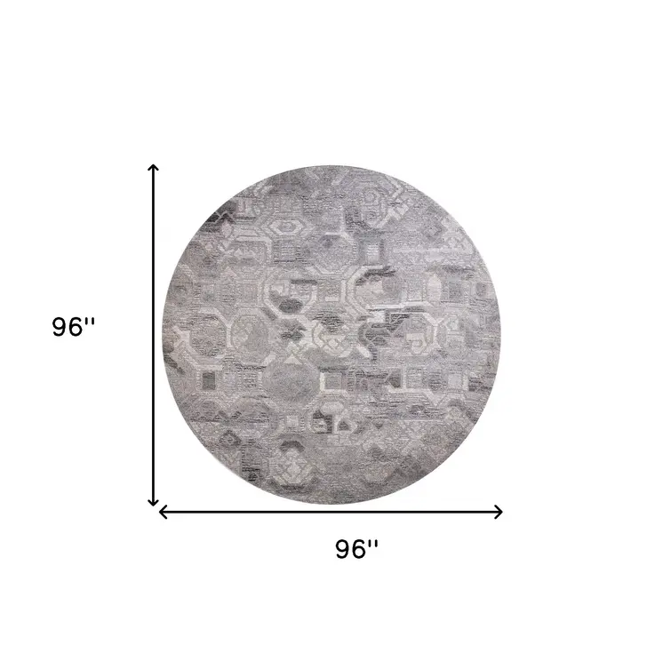 8' Gray and Ivory Round Wool Abstract Hand Tufted Area Rug
