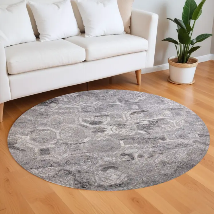 10' Gray and Ivory Round Wool Abstract Hand Tufted Area Rug