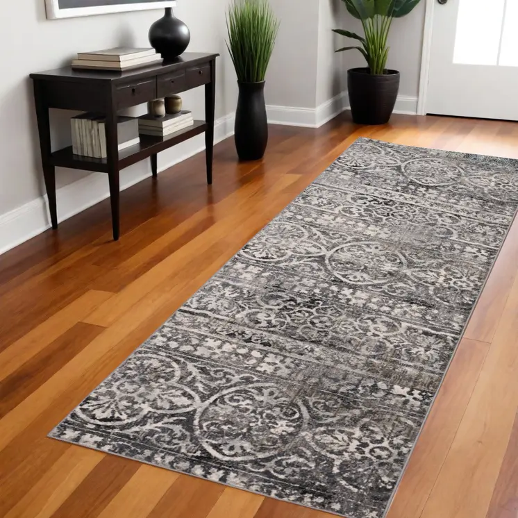 8' Gray and Ivory Abstract Runner Rug