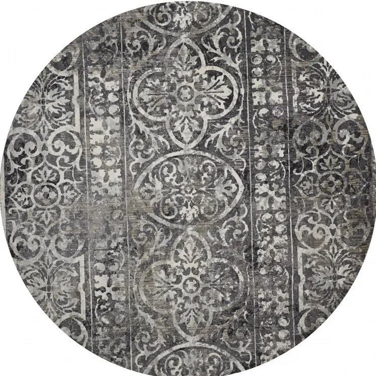 9' Black and Ivory Round Abstract Area Rug