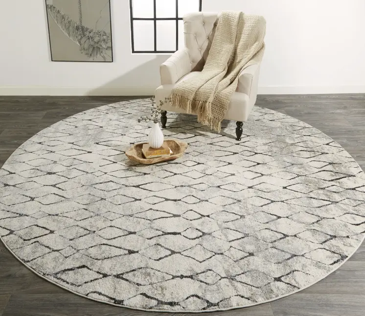 9' Gray And Ivory Abstract Round Rug