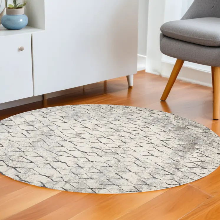 9' Gray And Ivory Abstract Round Rug