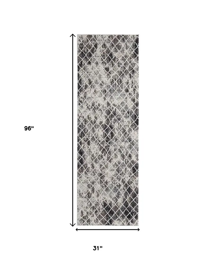 8' Gray and Ivory Abstract Runner Rug