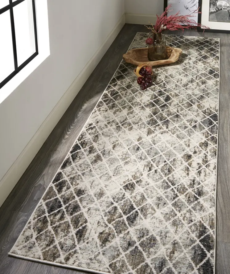 8' Gray and Ivory Abstract Runner Rug