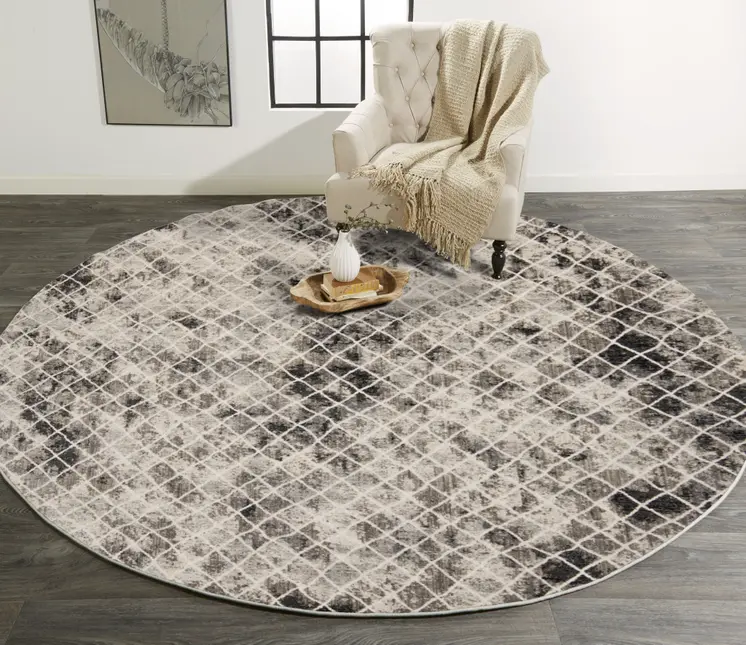 9' Ivory and Black Abstract Round Rug