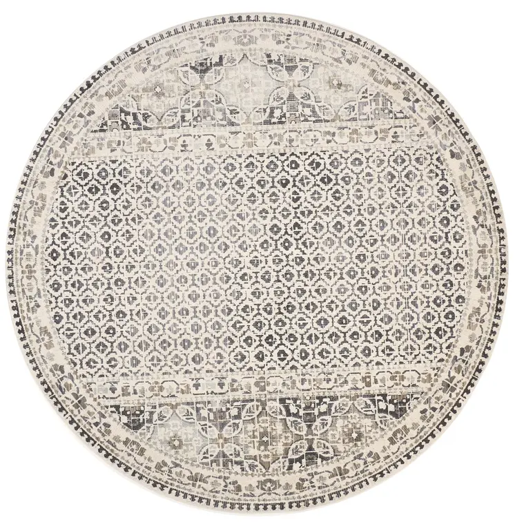 9' Ivory and Black Round Abstract Area Rug