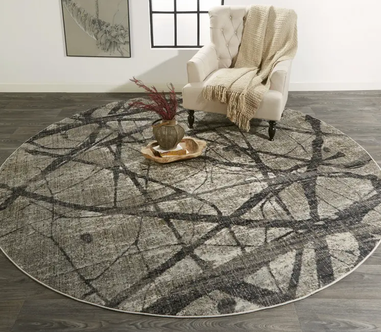 9' Gray And Ivory Abstract Round Rug