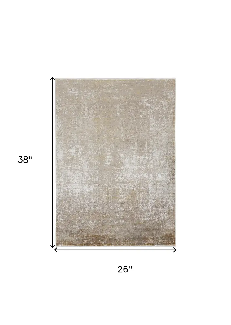 2' X 3' Gold and Ivory Abstract Non Skid Area Rug With Fringe