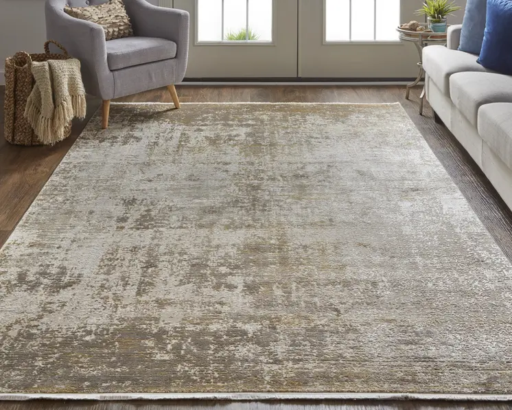 2' X 3' Gold and Ivory Abstract Non Skid Area Rug With Fringe