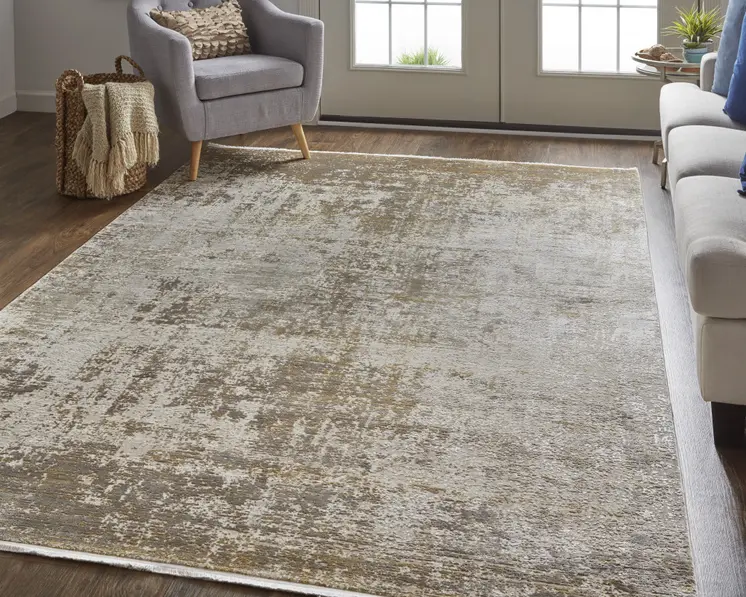 2' X 3' Gold and Ivory Abstract Non Skid Area Rug With Fringe