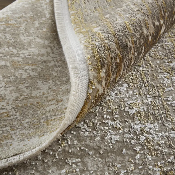 2' X 3' Gold and Ivory Abstract Non Skid Area Rug With Fringe