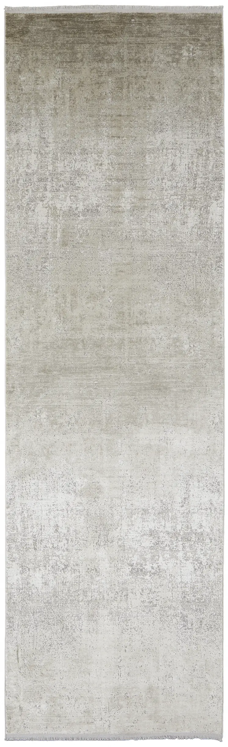 10' Tan and Ivory Abstract Power Loom Distressed Runner Rug With Fringe