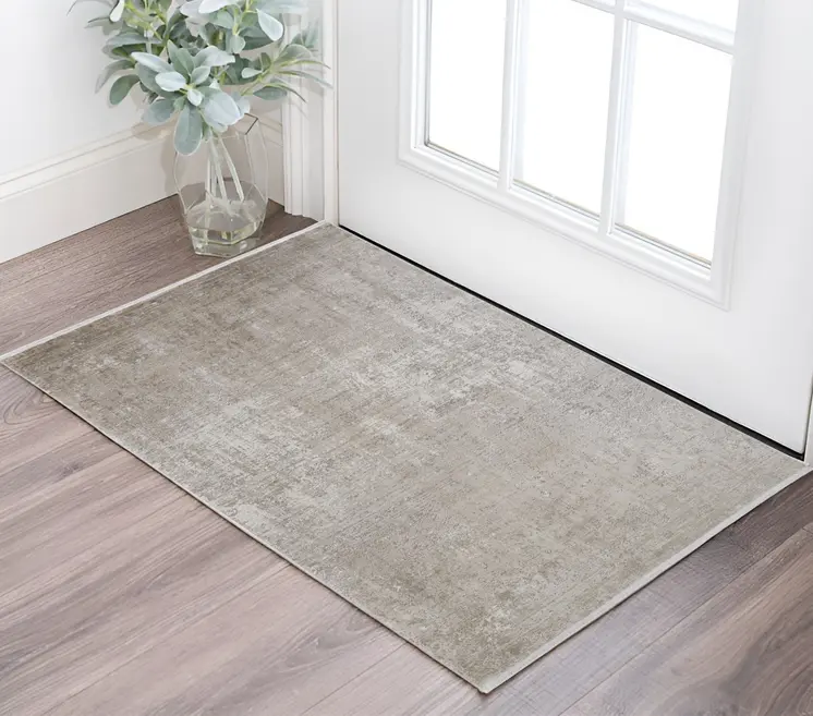2' X 3' Tan and Ivory Abstract Power Loom Distressed Area Rug With Fringe