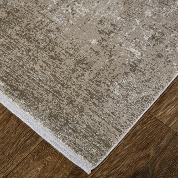 2' X 3' Tan and Ivory Abstract Power Loom Distressed Area Rug With Fringe