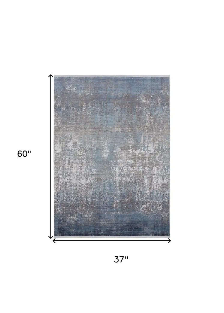 3' X 5' Blue and Gray Abstract Power Loom Distressed Area Rug With Fringe