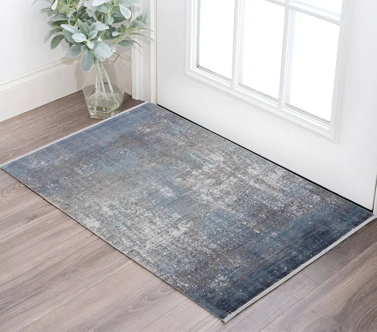 3' X 5' Blue and Gray Abstract Power Loom Distressed Area Rug With Fringe