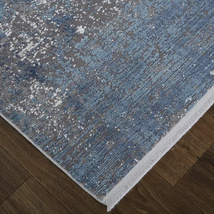 8' X 11' Blue Gray And Silver Abstract Power Loom Distressed Area Rug With Fringe