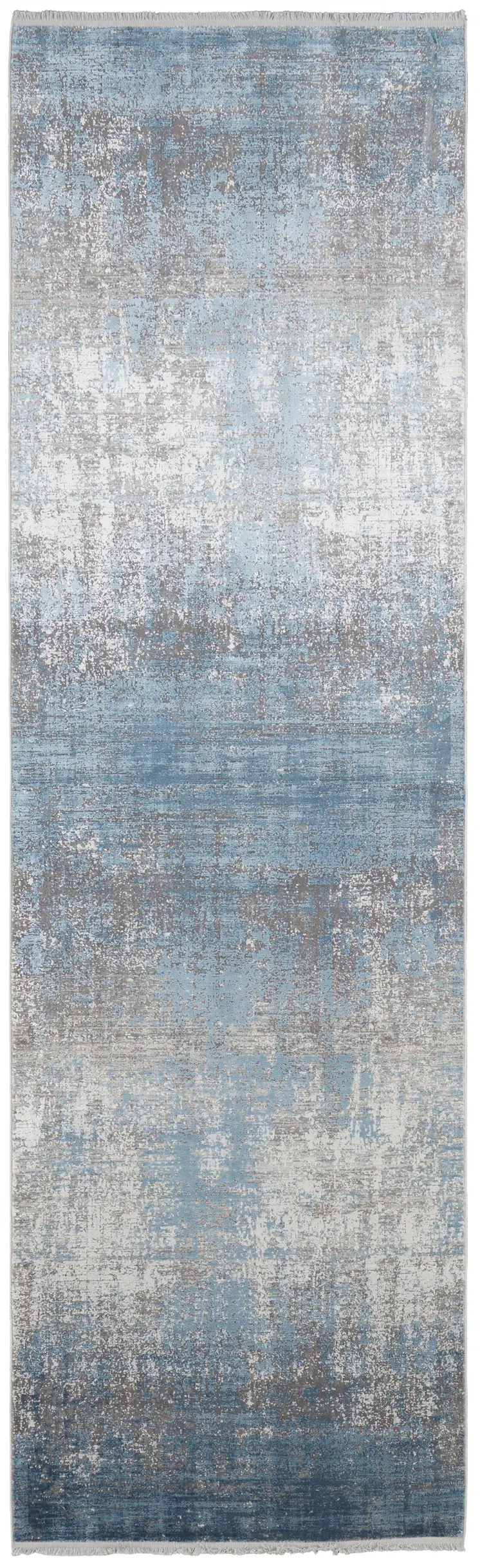 10' Blue and Gray Abstract Power Loom Distressed Runner Rug With Fringe