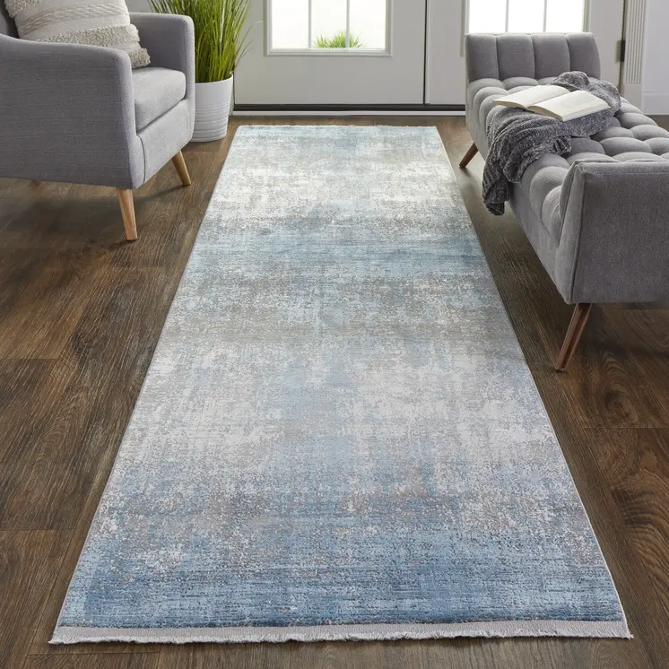 10' Blue and Gray Abstract Power Loom Distressed Runner Rug With Fringe