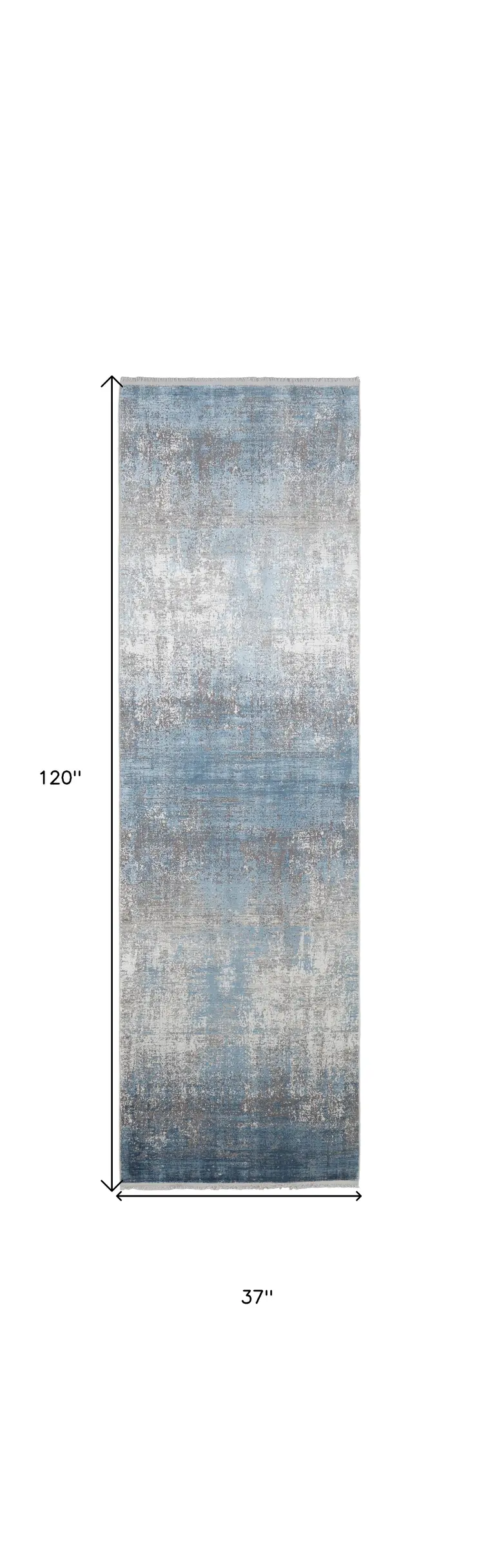 10' Blue and Gray Abstract Power Loom Distressed Runner Rug With Fringe