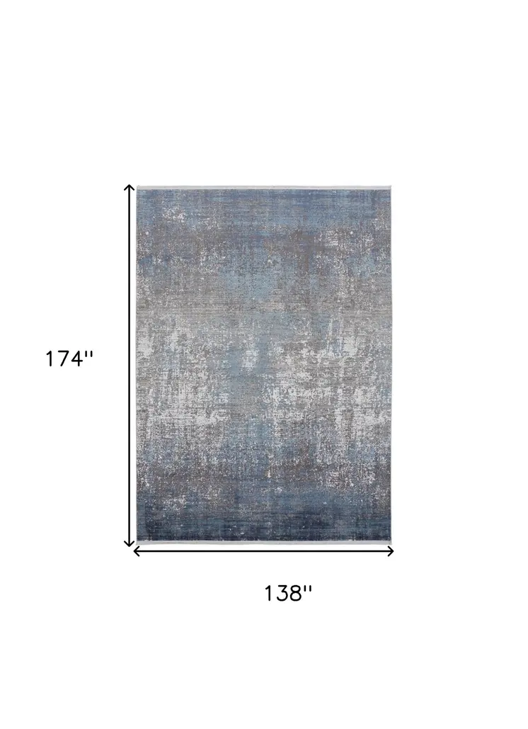 12' X 15' Blue Gray And Silver Abstract Power Loom Distressed Area Rug With Fringe