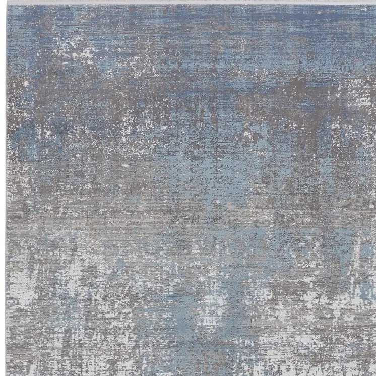 12' X 15' Blue Gray And Silver Abstract Power Loom Distressed Area Rug With Fringe