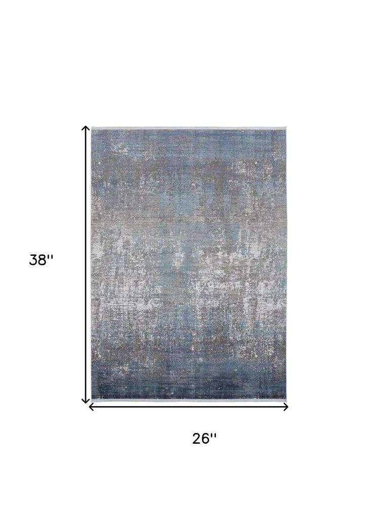 2' X 3' Blue and Gray Abstract Power Loom Distressed Area Rug With Fringe