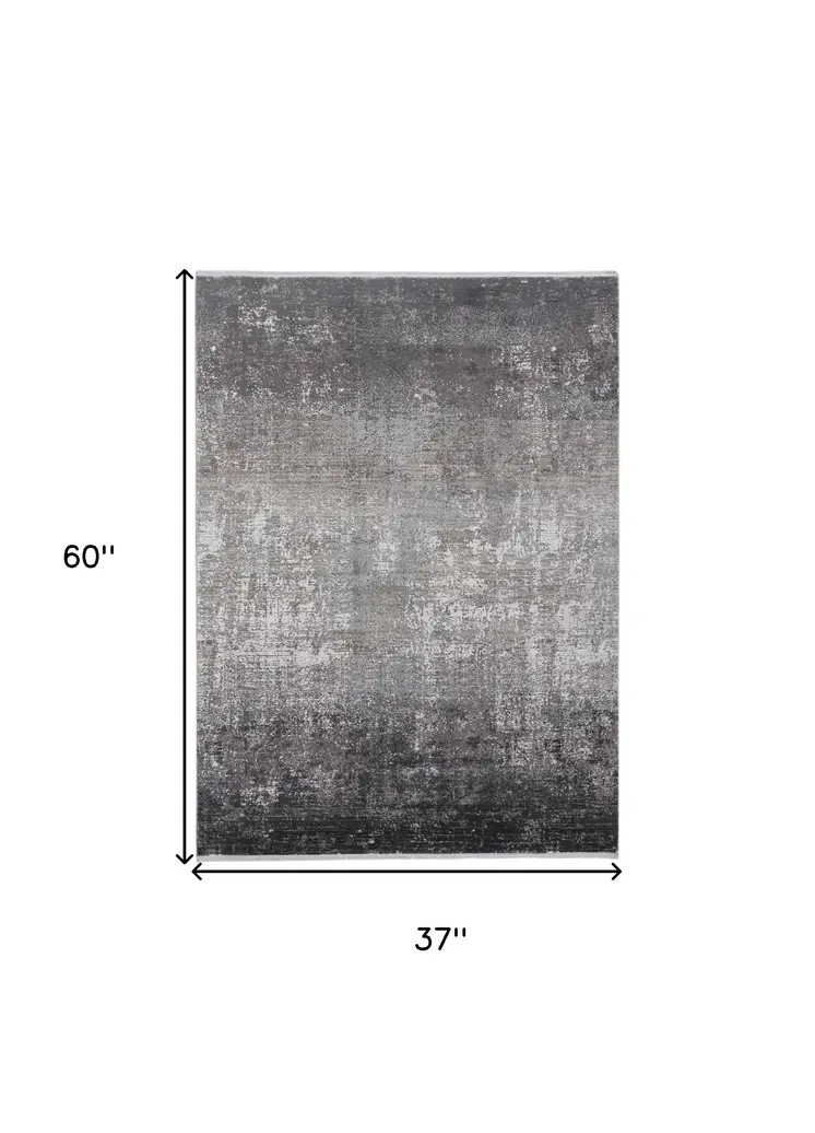 3' X 5' Gray and Black Abstract Power Loom Distressed Area Rug With Fringe