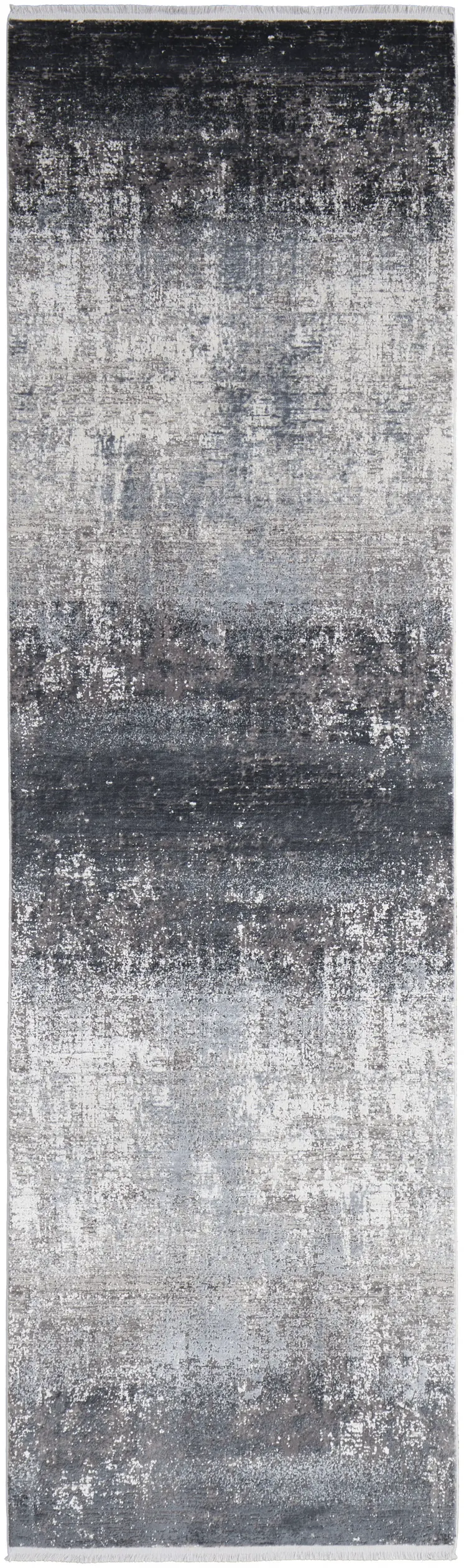 10' Gray and Black Abstract Power Loom Distressed Runner Rug With Fringe