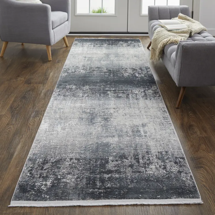10' Gray and Black Abstract Power Loom Distressed Runner Rug With Fringe