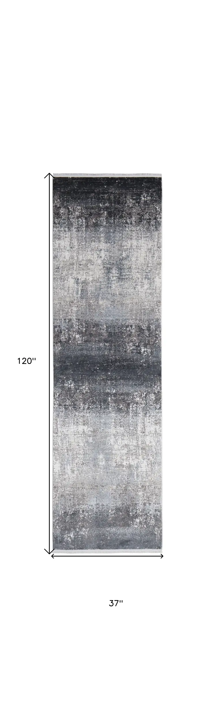 10' Gray and Black Abstract Power Loom Distressed Runner Rug With Fringe
