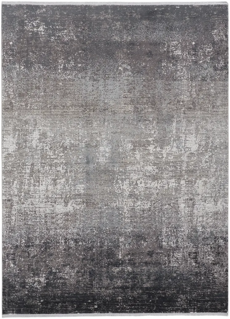 2' X 3' Gray and Black Abstract Power Loom Distressed Area Rug With Fringe