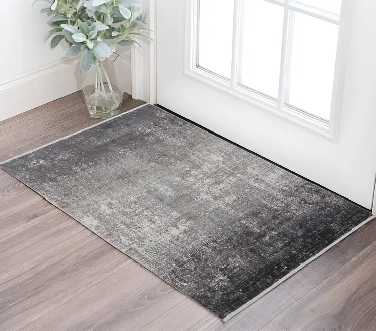 2' X 3' Gray and Black Abstract Power Loom Distressed Area Rug With Fringe