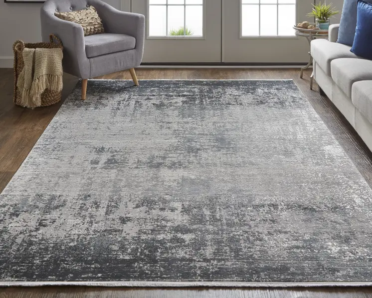 2' X 3' Gray and Black Abstract Power Loom Distressed Area Rug With Fringe