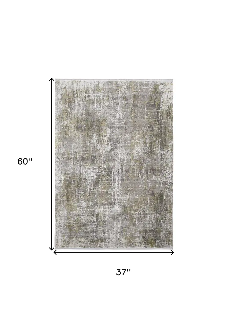 3' X 5' Gray and Ivory Abstract Power Loom Distressed Area Rug With Fringe