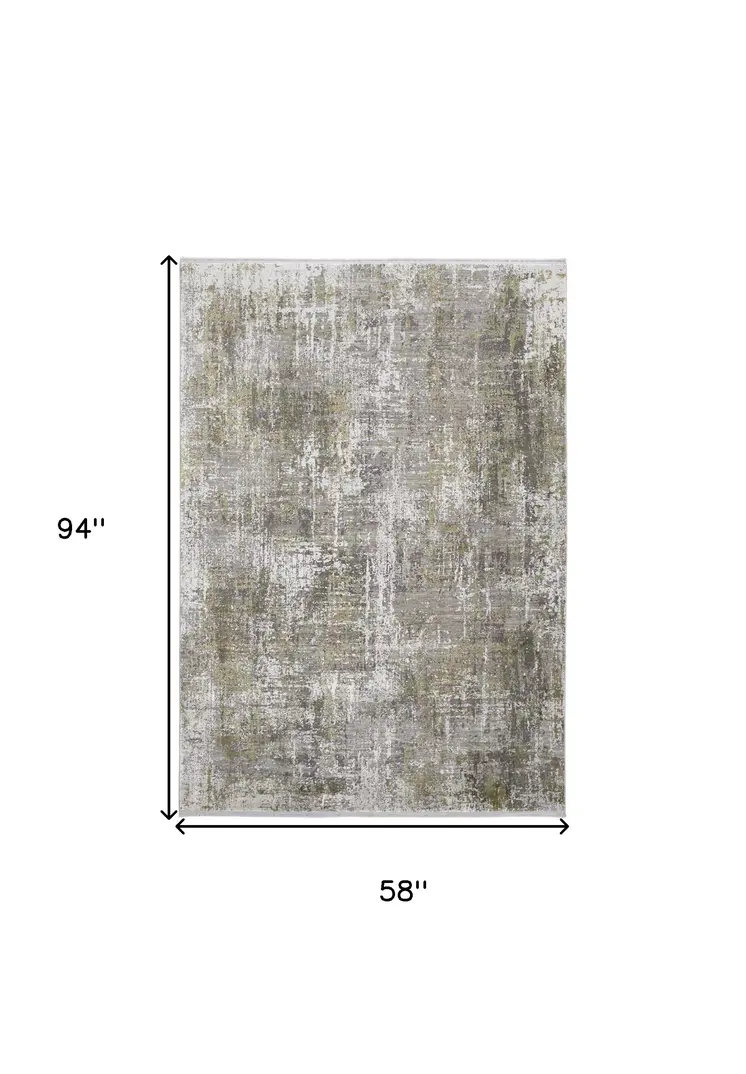 5' X 8' Green Gray And Ivory Abstract Area Rug With Fringe