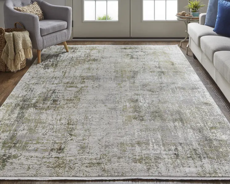 5' X 8' Green Gray And Ivory Abstract Area Rug With Fringe