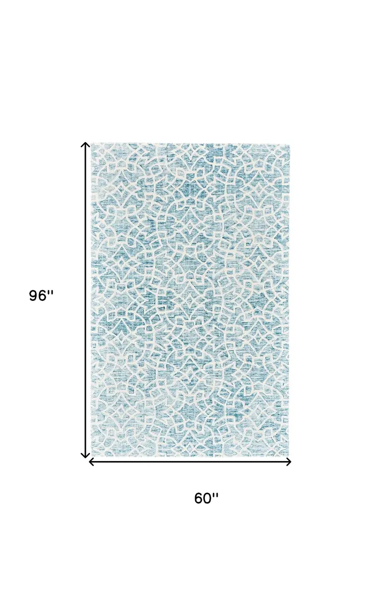 5' X 8' Blue And Ivory Wool Geometric Tufted Handmade Stain Resistant Area Rug