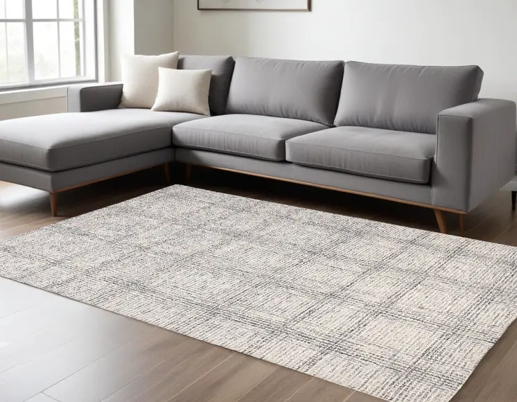 8' X 10' Ivory And Gray Wool Plaid Tufted Handmade Stain Resistant Area Rug