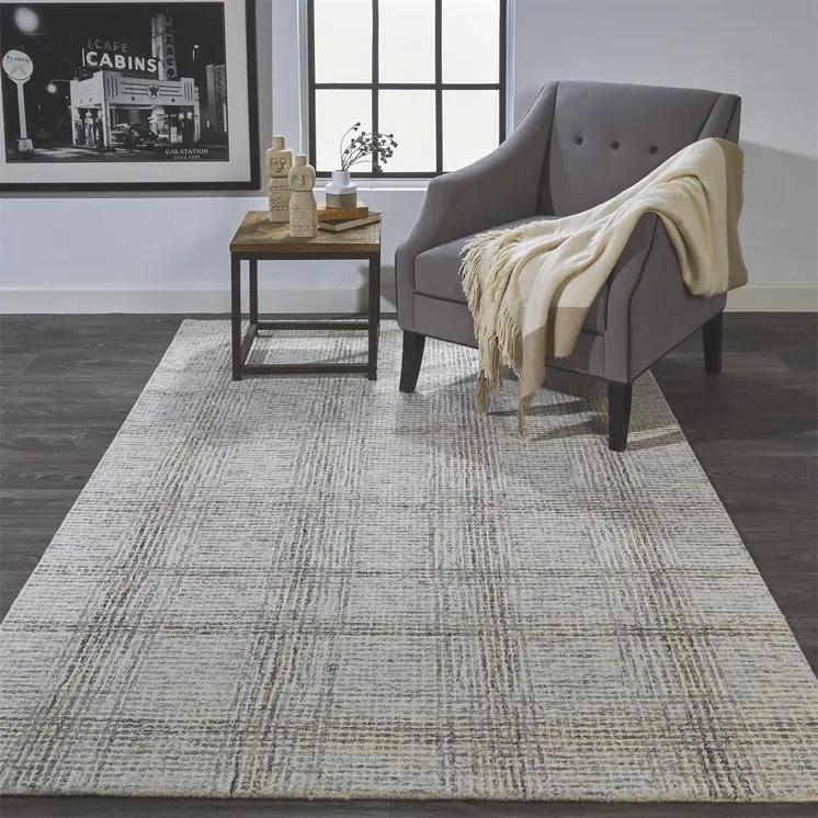 8' X 10' Ivory And Gray Wool Plaid Tufted Handmade Stain Resistant Area Rug