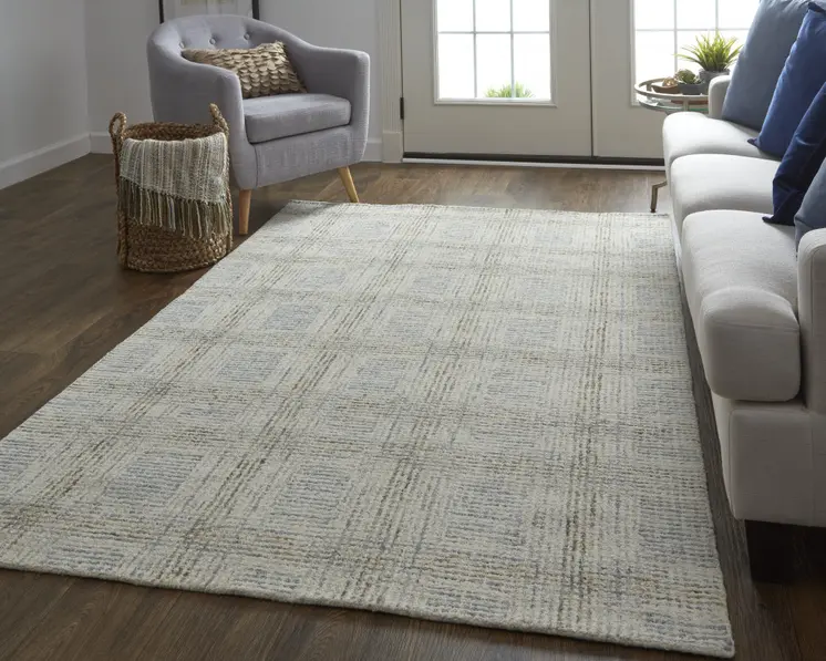 8' X 10' Ivory And Gray Wool Plaid Tufted Handmade Stain Resistant Area Rug