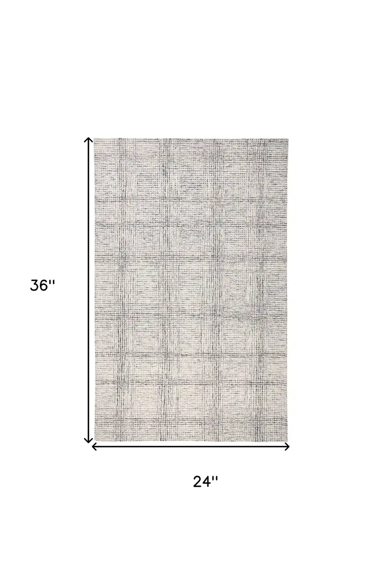 2' X 3' Ivory And Gray Wool Plaid Tufted Handmade Stain Resistant Area Rug
