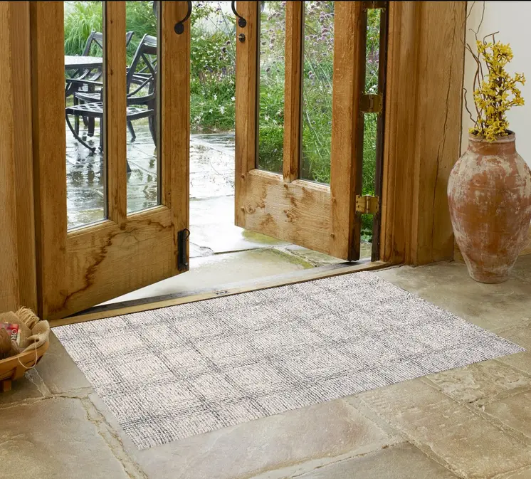 2' X 3' Ivory And Gray Wool Plaid Tufted Handmade Stain Resistant Area Rug