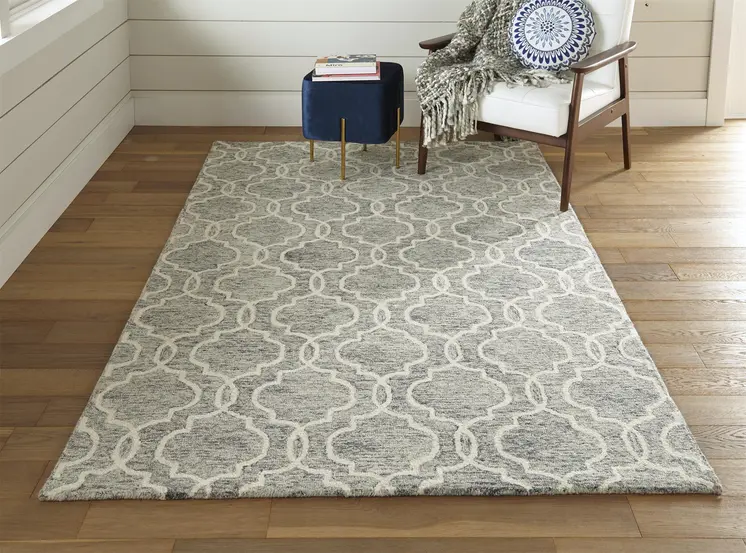 5' X 8' Blue Gray And Ivory Wool Geometric Tufted Handmade Stain Resistant Area Rug