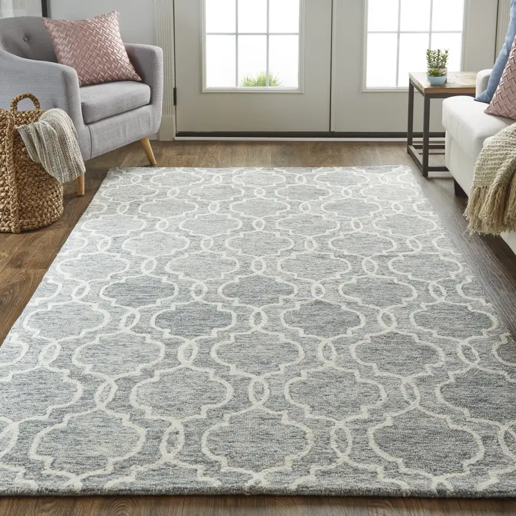 5' X 8' Blue Gray And Ivory Wool Geometric Tufted Handmade Stain Resistant Area Rug