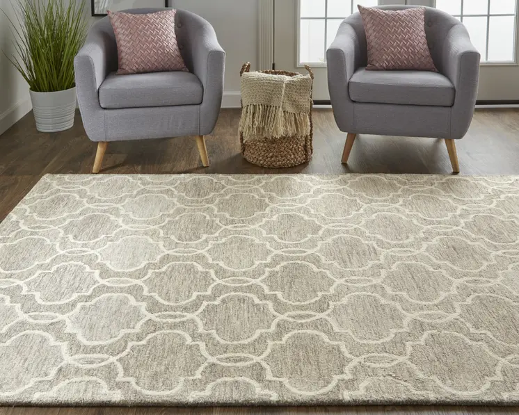 2' X 3' Gray And Ivory Wool Geometric Tufted Handmade Stain Resistant Area Rug