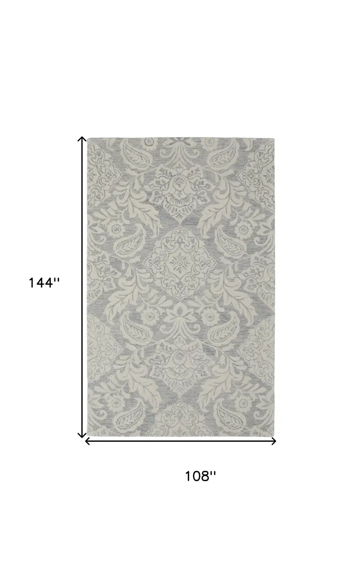 9' X 12' Blue And Ivory Wool Paisley Tufted Handmade Stain Resistant Area Rug