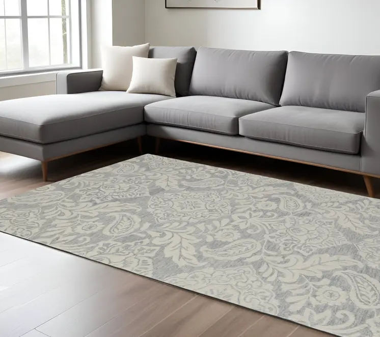 9' X 12' Blue And Ivory Wool Paisley Tufted Handmade Stain Resistant Area Rug